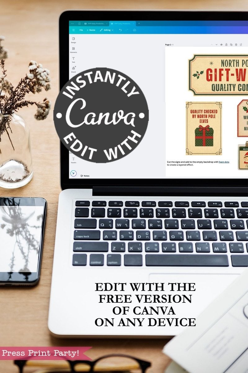A laptop displaying the Canva design website sits on a desk with a plant, notebook, and phone. Text advertises editing the 6 Pink Coquette Halloween Ghost Round Labels with the free version of Canva on any device.