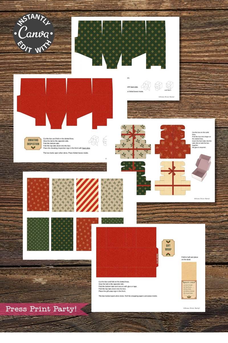 Printable gift box templates and tags in red, green, and tan with festive patterns—featuring a touch of the 6 Pink Coquette Halloween Ghost Round Labels style—displayed on a wooden background; includes instructions and “Press Print Party!” text at the bottom.