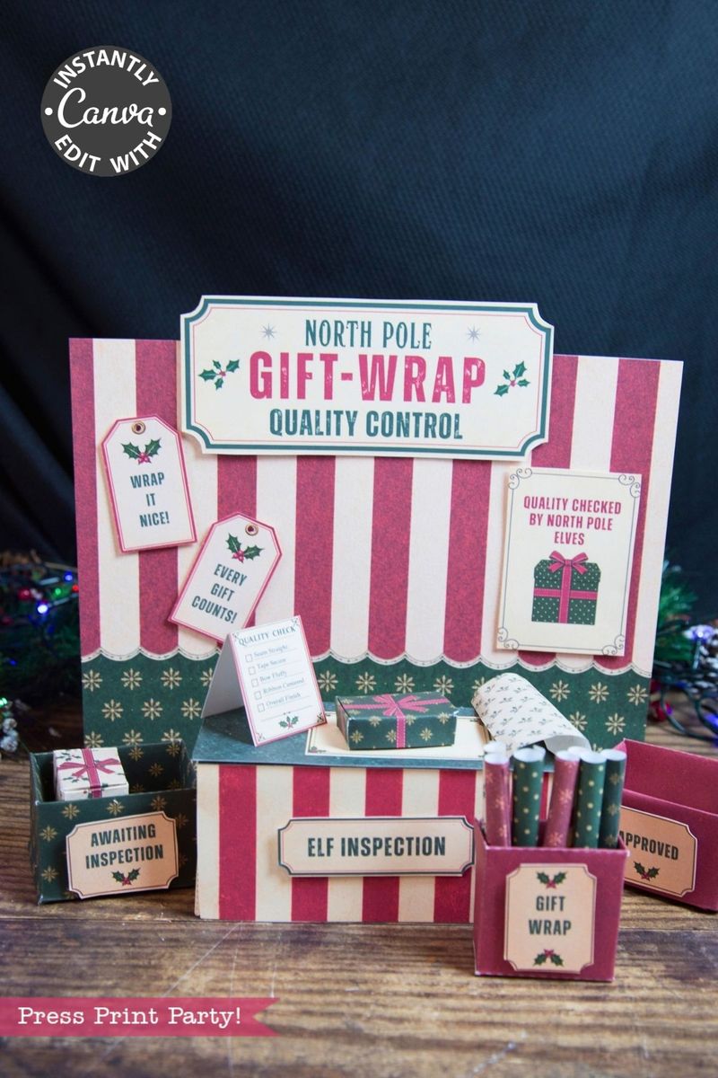 Striped holiday display featuring signs that say “North Pole Gift-Wrap Quality Control,” “Elf Inspection,” and “Awaiting Inspection,” with small gift-wrap items, checklists, and the 6 Pink Coquette Halloween Ghost Round Labels, creating a festive and whimsical workshop atmosphere.