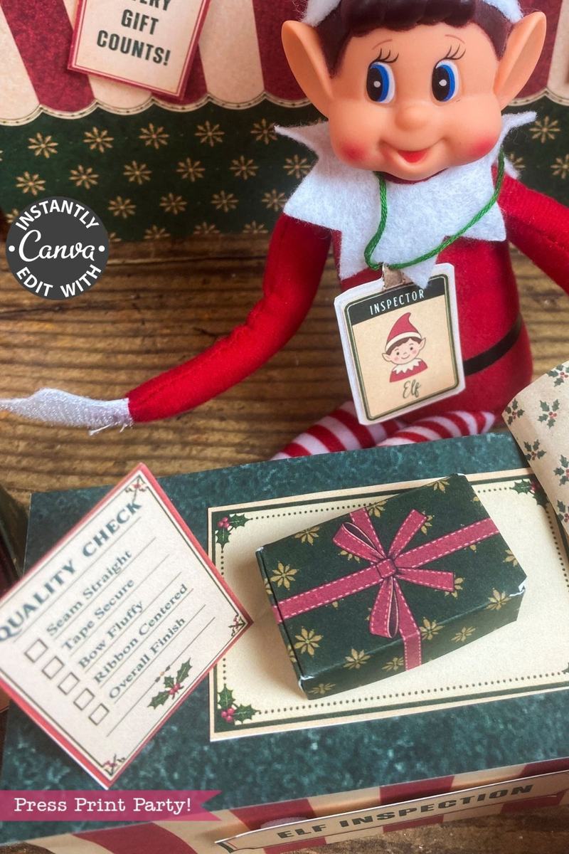 A festive elf toy wearing an “Inspector Elf” badge sits at a table with wrapped gifts, a quality check list, and whimsical 6 Pink Coquette Halloween Ghost Round Labels, surrounded by holiday decor and playful patterns.