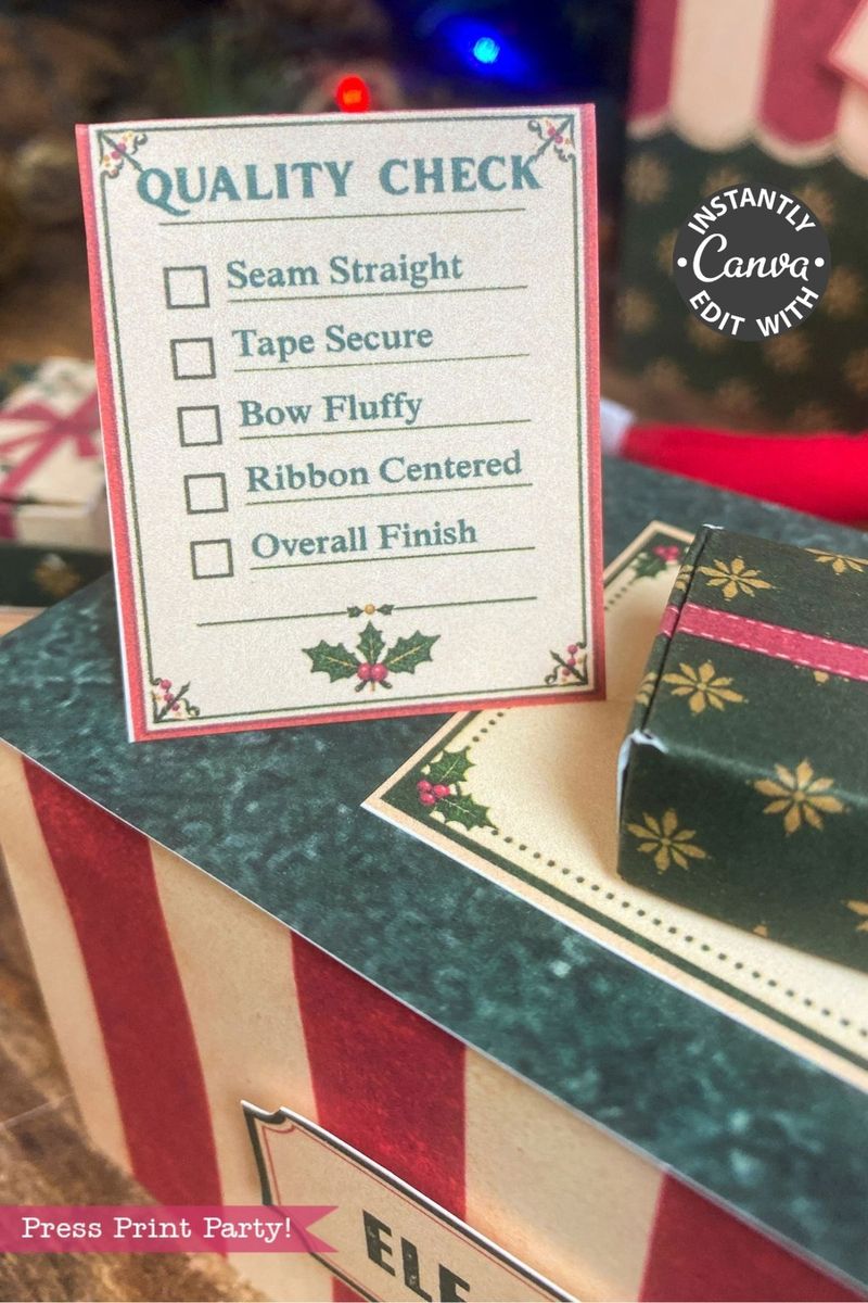 A checklist titled “QUALITY CHECK” with boxes for Seam Straight, Tape Secure, Bow Fluffy, Ribbon Centered, and Overall Finish. Holiday-themed gift boxes and a set of 6 Pink Coquette Halloween Ghost Round Labels are visible in the background.