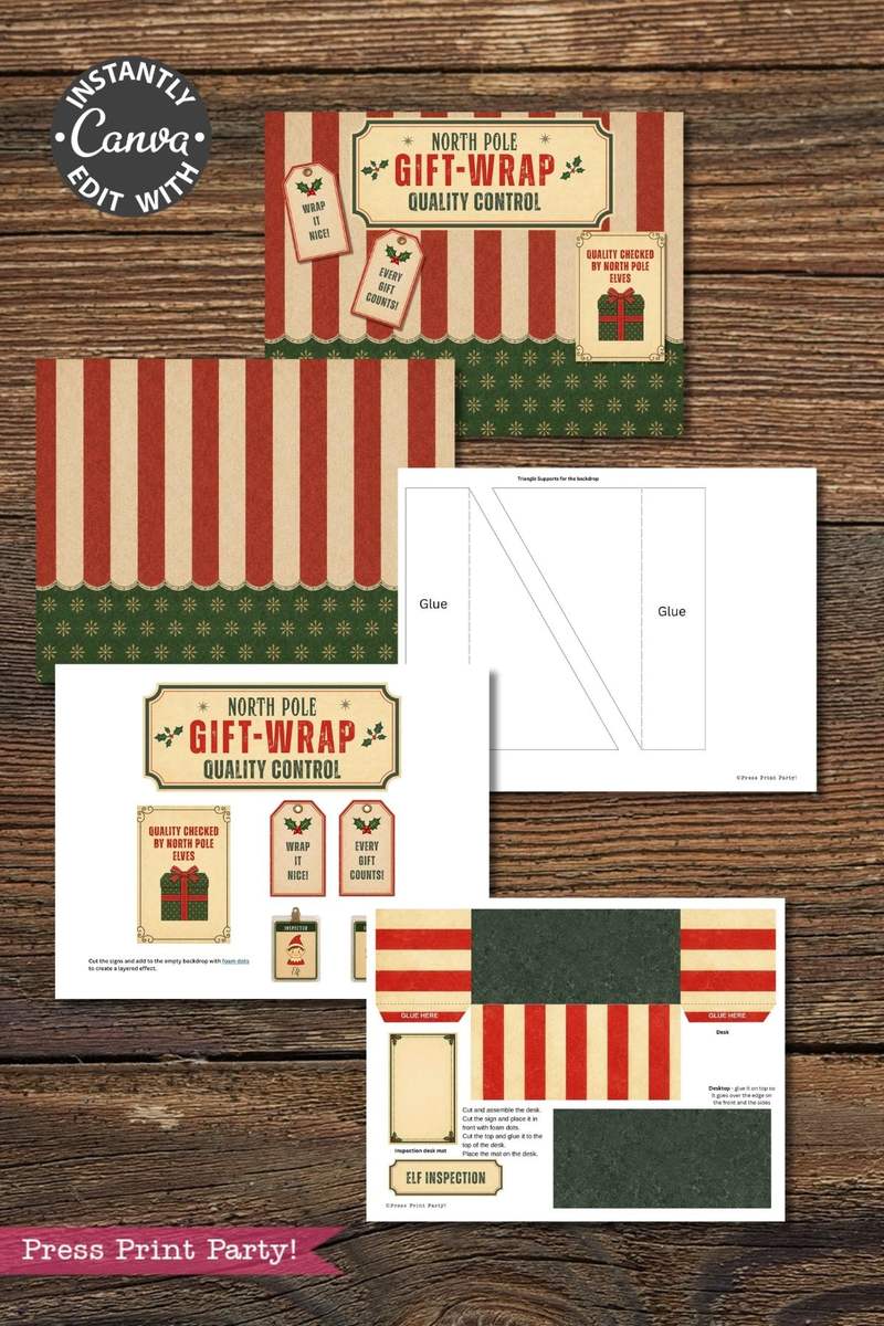Add a playful touch to your holiday wrapping with the printable North Pole gift-wrap kit featuring red-green stripes, polka dot designs, “Gift-Wrap Quality Control” labels, glue instructions, and tags on a wooden background. For a unique festive mix-and-match look, coordinate your presents by pairing them with the 6 Pink Coquette Halloween Ghost Round Labels. “Edit with Canva” and “Press Print Party!” text are also shown for easy customization and printing.