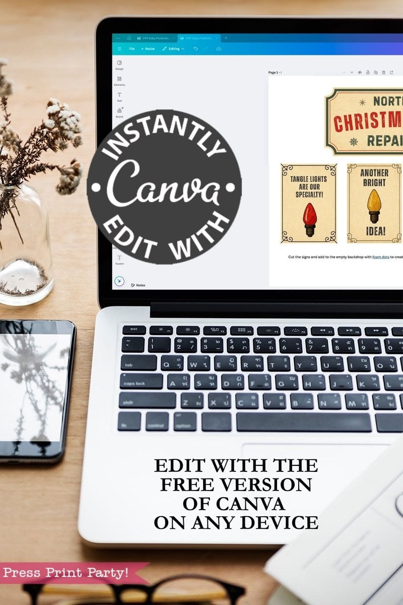 A laptop with the Canva website open displays festive holiday tag designs, including the 6 Pink Coquette Halloween Ghost Round Labels. A phone, a plant, and glasses are arranged on the table. Overlaid text promotes editing with Canva for free.