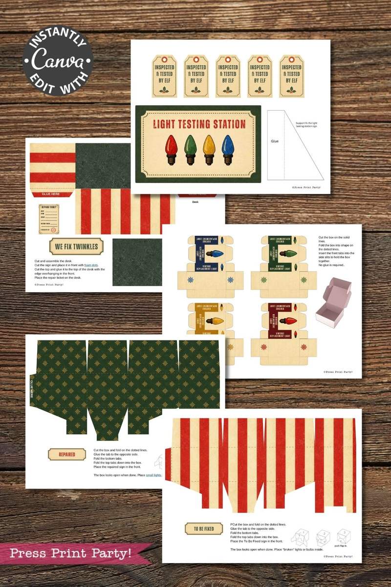 Printable Christmas elf station kit with vintage designs: tags, striped and patterned boxes, “We Fix Twinkles” and “Light Testing Station” signs, plus assembly instructions on a wooden background. Includes Canva editing notice. Coordinates beautifully with our 6 Pink Coquette Halloween Ghost Round Labels for a charming holiday display.