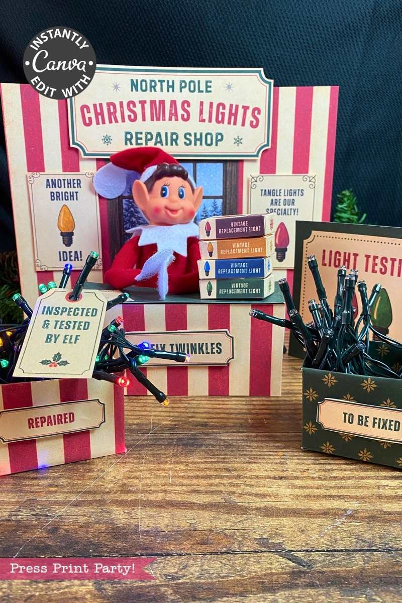 A festive Christmas display features an elf doll and boxes labeled with phrases like “Repaired,” “Light Tester,” and “To Be Fixed” at a North Pole Christmas Lights Repair Shop, decorated with colorful string lights and whimsical 6 Pink Coquette Halloween Ghost Round Labels for a touch of playful charm.