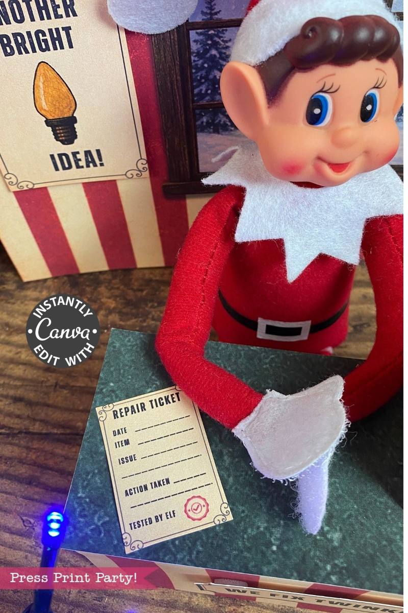 A toy elf in a red outfit sits at a desk holding a repair ticket sheet, surrounded by festive holiday decor and cheerful text reading “Press Print Party!” In the background, a sign announces “ANOTHER BRIGHT IDEA!”—perfect inspiration for your next creative project. Add an extra touch of whimsy to your holiday celebrations with the 6 Pink Coquette Halloween Ghost Round Labels for an even more enchanting festive season.