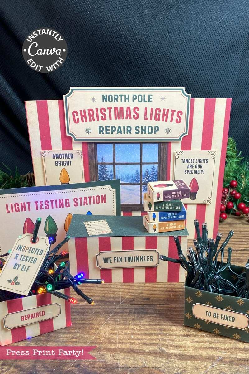 A festive North Pole Christmas lights repair shop display features mini signs, Christmas lights, and boxes labeled “Repaired” and “To Be Fixed,” all accented with the 6 Pink Coquette Halloween Ghost Round Labels for a whimsical touch. A “Light Testing Station” section is displayed in the foreground.
