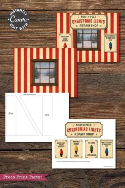 Printable Christmas lights repair shop box template featuring vintage red stripes, a snowy window, and shop signs, beautifully accented with the charm of 6 Pink Coquette Halloween Ghost Round Labels. Displayed both assembled and as a flat printable sheet with glue instructions on a rustic wood background.