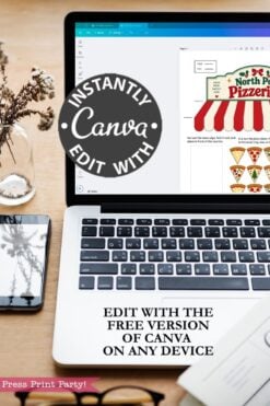 A laptop displaying a Canva design for the “6 Pink Coquette Halloween Ghost Round Labels,” featuring a circular “Edit with Canva Instantly” icon, alongside a phone, notebook, and plant on the desk. Text reads: “Edit with the free version of Canva on any device.”.