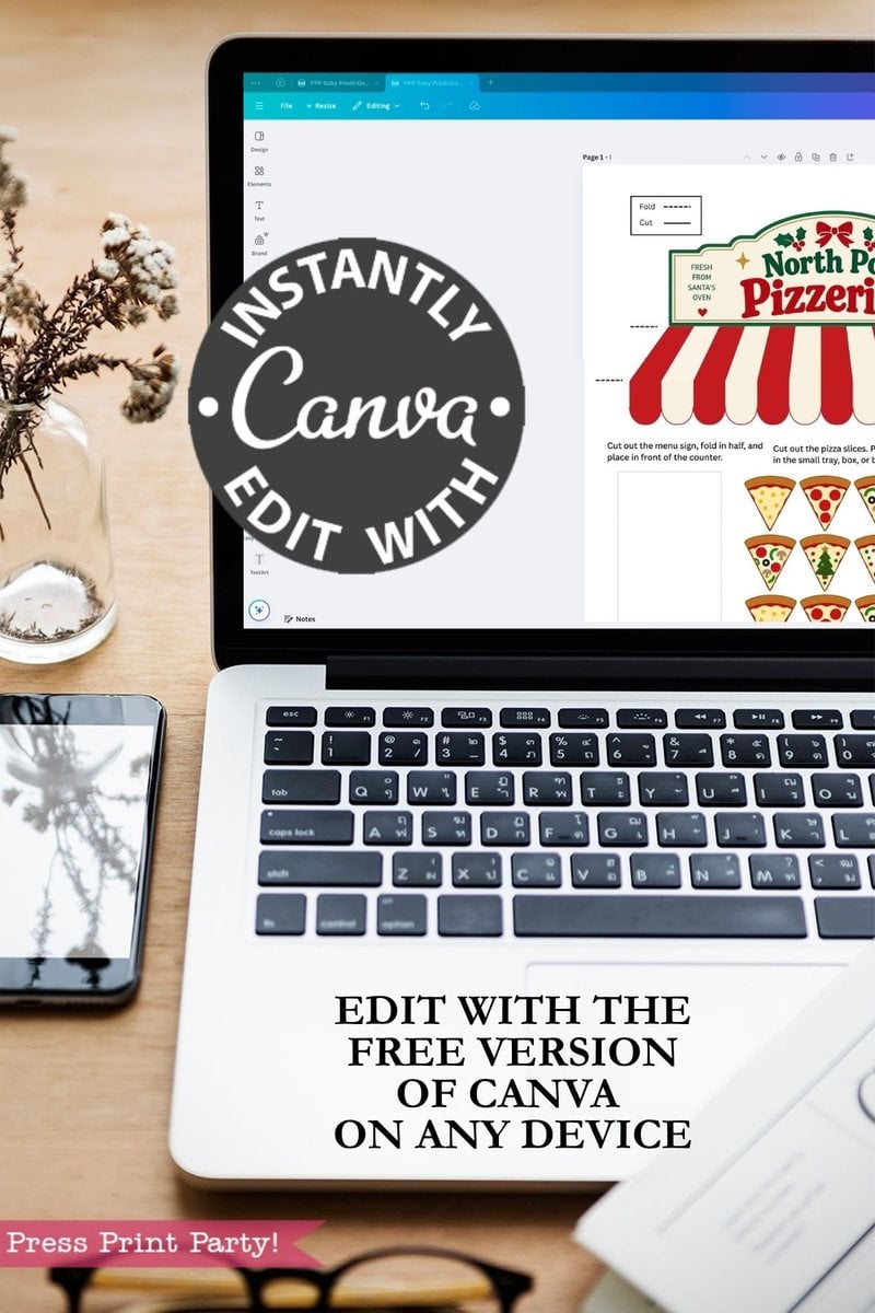 A laptop displaying a Canva design for the “6 Pink Coquette Halloween Ghost Round Labels,” featuring a circular “Edit with Canva Instantly” icon, alongside a phone, notebook, and plant on the desk. Text reads: “Edit with the free version of Canva on any device.”.