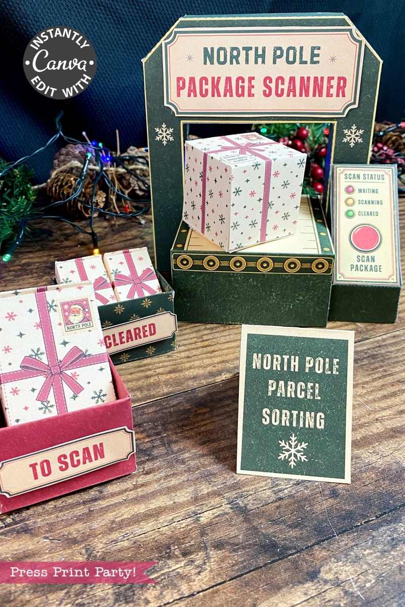 A festive North Pole package scanner setup made from paper, with labeled boxes for “to scan” and “cleared” parcels featuring the 6 Pink Coquette Halloween Ghost Round Labels, festive decor, and a sign reading “North Pole Parcel Sorting.”.