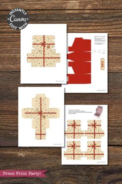 Printable sheets with templates for assembling gift boxes, adorned with bows and a festive holiday pattern, displayed on a wooden background. The templates feature fold lines and assembly instructions, and pair perfectly with the 6 Pink Coquette Halloween Ghost Round Labels for a charming seasonal touch.