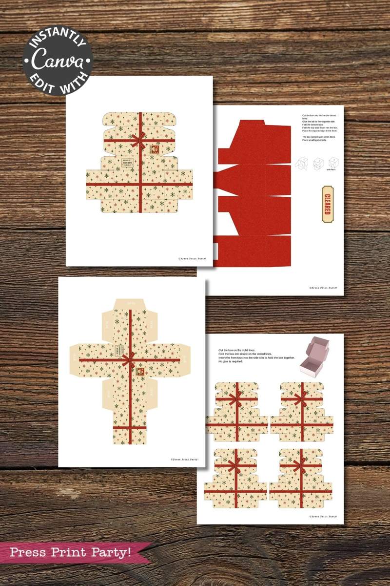 Printable sheets with templates for assembling gift boxes, adorned with bows and a festive holiday pattern, displayed on a wooden background. The templates feature fold lines and assembly instructions, and pair perfectly with the 6 Pink Coquette Halloween Ghost Round Labels for a charming seasonal touch.