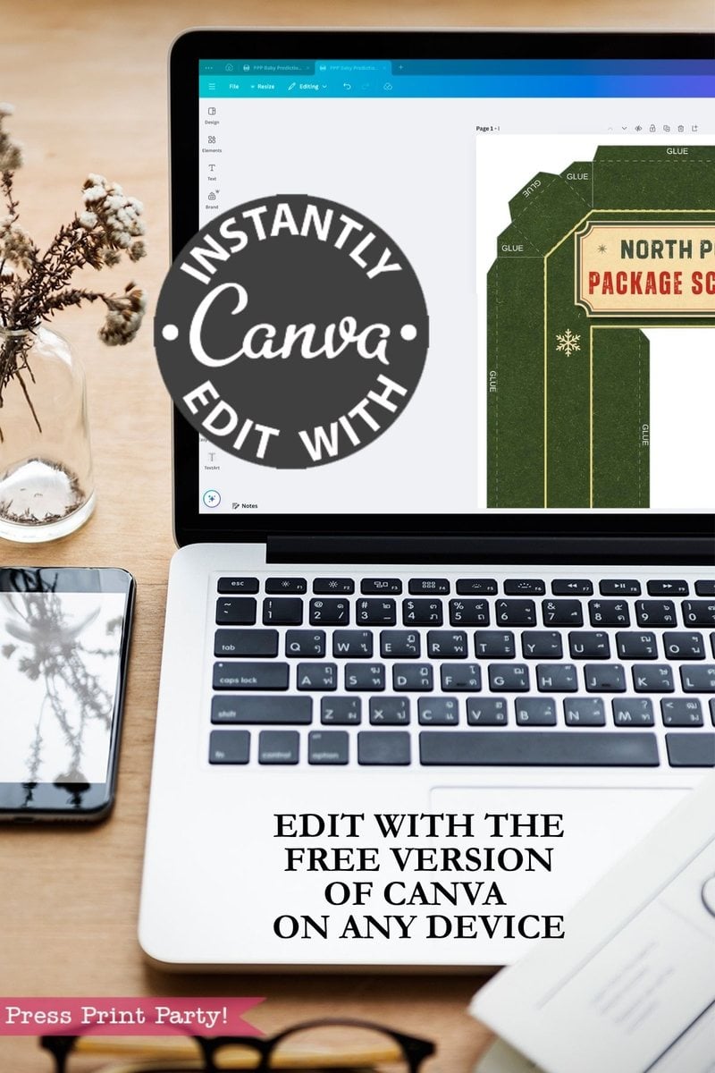 A laptop displays a Canva editing screen showcasing the 6 Pink Coquette Halloween Ghost Round Labels, with a charming holiday label design. Text reads: “Instantly edit with Canva. Edit with the free version of Canva on any device.” Nearby are a plant and a snowflake notebook.