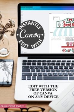 A laptop on a desk displays a Canva design screen featuring the “6 Pink Coquette Halloween Ghost Round Labels.” Text overlay reads, “INSTANTLY EDIT WITH Canva. EDIT WITH THE FREE VERSION OF CANVA ON ANY DEVICE.” A plant and glasses sit beside the laptop.