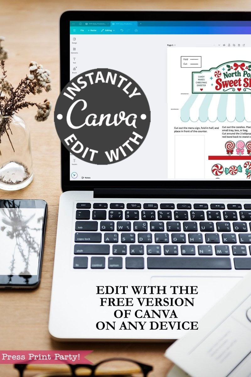 A laptop on a desk displays a Canva design screen featuring the “6 Pink Coquette Halloween Ghost Round Labels.” Text overlay reads, “INSTANTLY EDIT WITH Canva. EDIT WITH THE FREE VERSION OF CANVA ON ANY DEVICE.” A plant and glasses sit beside the laptop.