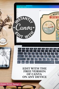 A laptop displaying a Canva project, with text overlay: “Instantly edit with Canva” and “Edit with the free version of Canva on any device.” Nearby, a phone, notebook, and jar with flowers add charm to the scene—perfect for creating and customizing your 6 Pink Coquette Halloween Ghost Round Labels.