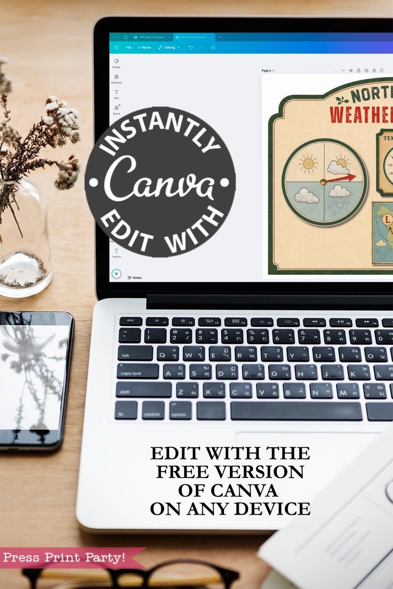A laptop displaying a Canva project, with text overlay: “Instantly edit with Canva” and “Edit with the free version of Canva on any device.” Nearby, a phone, notebook, and jar with flowers add charm to the scene—perfect for creating and customizing your 6 Pink Coquette Halloween Ghost Round Labels.