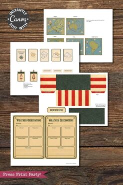 Six printable Canva worksheets lay on a wooden surface, featuring weather observation charts, weather icons, map cards, and striped desk labels—all in a vintage style with retro fonts and colors reminiscent of 6 Pink Coquette Halloween Ghost Round Labels.
