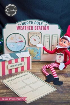 A festive elf doll sits by a paper weather station, weather desk, and observation sheets adorned with playful winter graphics and 6 Pink Coquette Halloween Ghost Round Labels, while a temperature gauge reads 32°F.