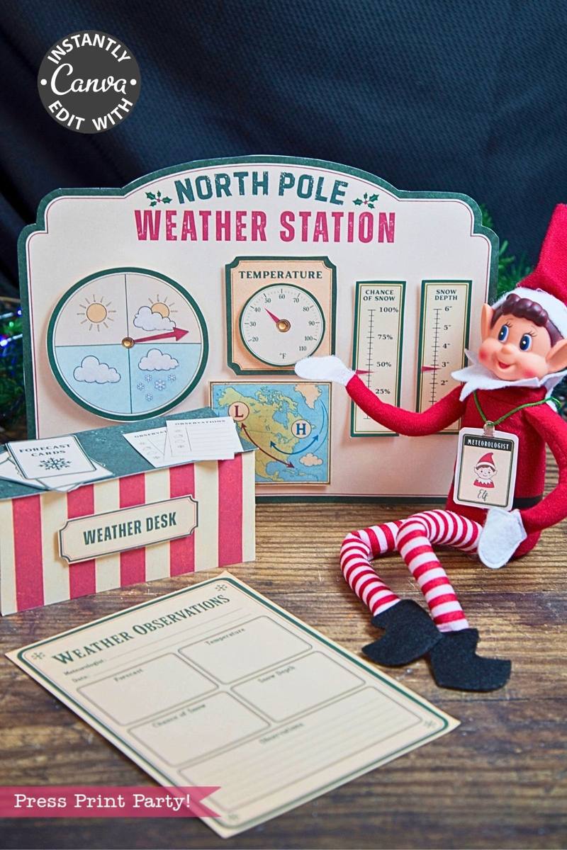 A festive elf doll sits by a paper weather station, weather desk, and observation sheets adorned with playful winter graphics and 6 Pink Coquette Halloween Ghost Round Labels, while a temperature gauge reads 32°F.