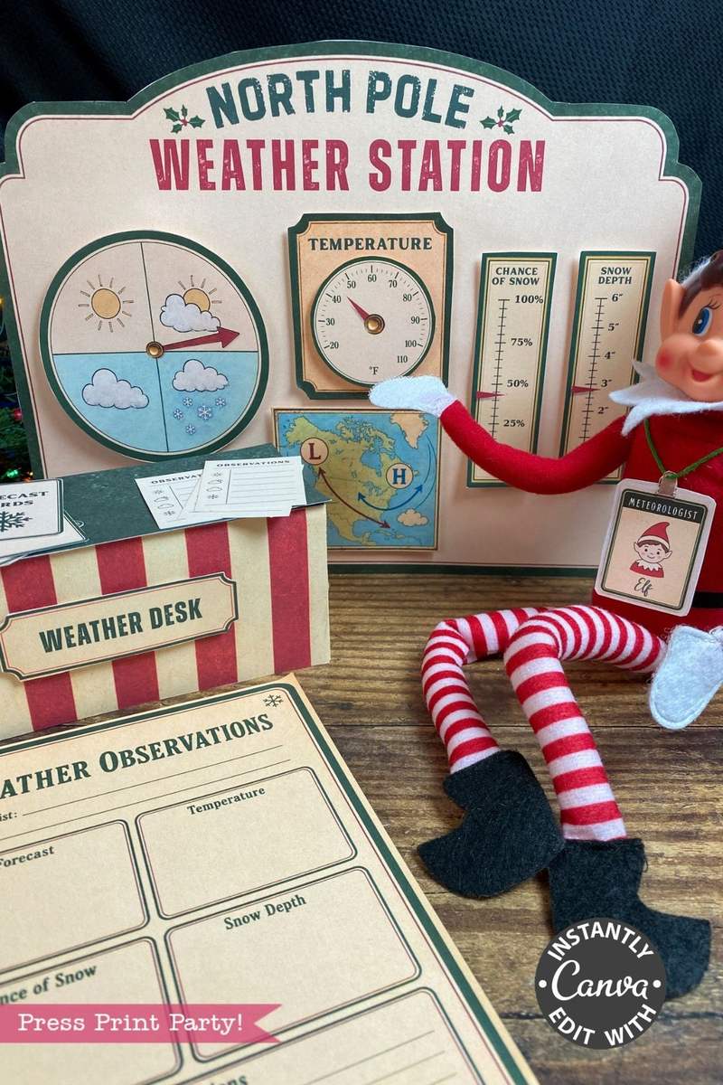 An elf figurine sits beside a playful North Pole Weather Station display featuring temperature, forecast, and weather charts. 6 Pink Coquette Halloween Ghost Round Labels add a whimsical touch to the Weather Desk and observation sheets arranged on the wooden surface.