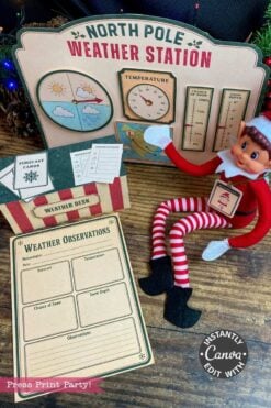 A festive North Pole Weather Station setup with an elf doll, weather charts, and observation sheets on a wooden table. The playful holiday scene is accented by 6 Pink Coquette Halloween Ghost Round Labels, adding a whimsical touch to the cheerful decor.