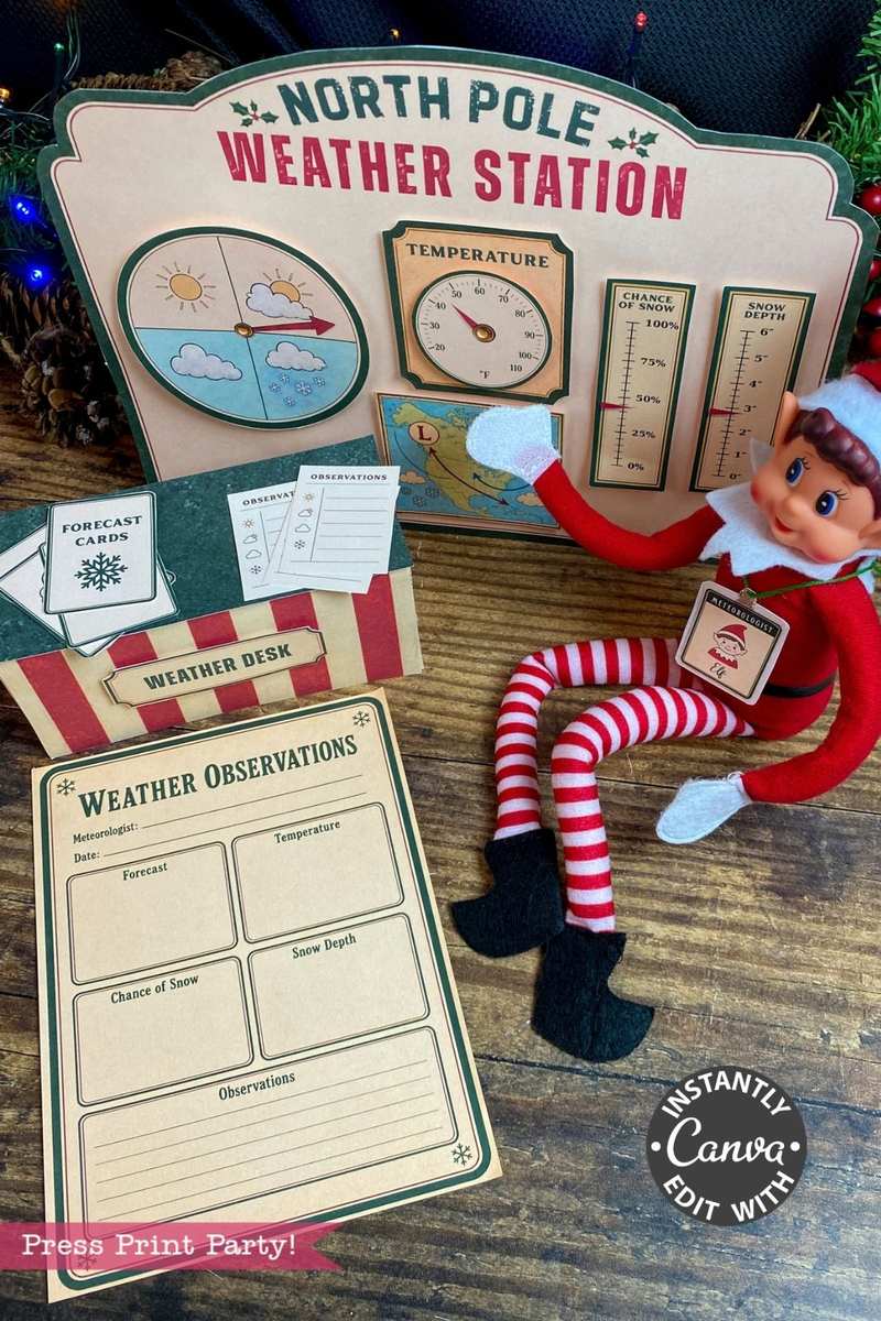 A festive North Pole Weather Station setup with an elf doll, weather charts, and observation sheets on a wooden table. The playful holiday scene is accented by 6 Pink Coquette Halloween Ghost Round Labels, adding a whimsical touch to the cheerful decor.
