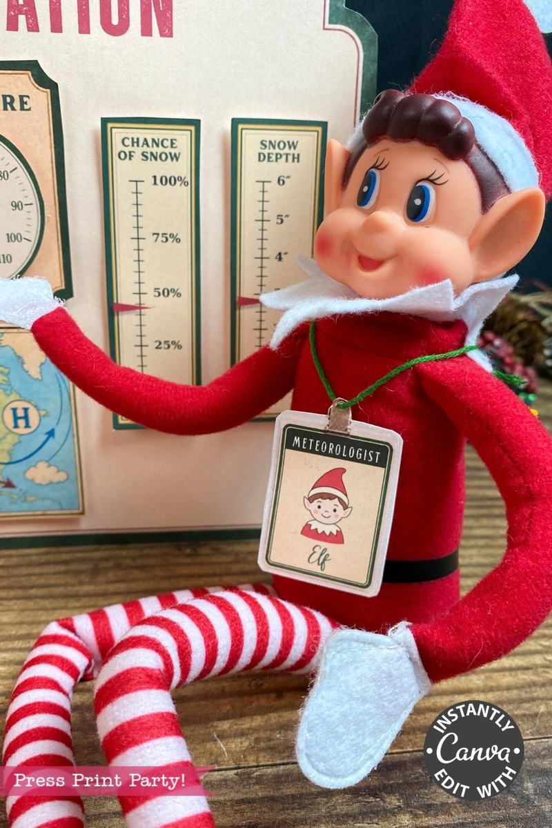 A plush elf doll wearing a “Meteorologist Elf” badge sits in front of a snow forecast chart, dressed in a red outfit with striped leggings and surrounded by the 6 Pink Coquette Halloween Ghost Round Labels. A circular “Instantly Canva Edit With” sticker appears on the photo.
