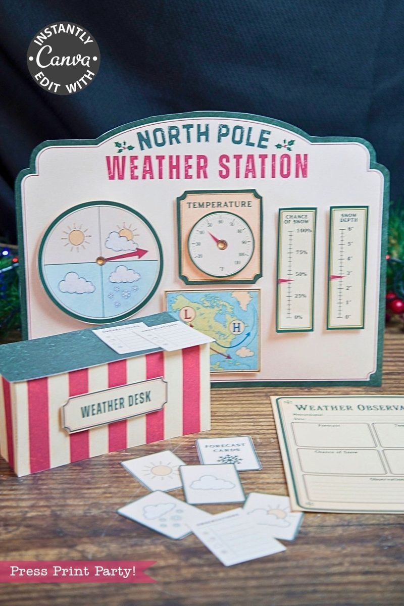 A North Pole Weather Station play set featuring weather charts, a striped “Weather Desk,” observation sheets, and illustrated weather cards on a wooden table—plus 6 Pink Coquette Halloween Ghost Round Labels for festive organization. Text: “Instantly edit with Canva.”.