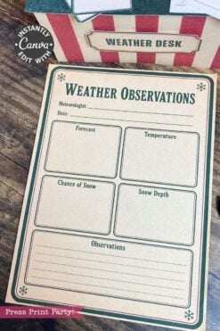 A blank weather observation sheet with sections for forecast, temperature, chance of snow, snow depth, and observations sits on a desk labeled “Weather Desk.” A set of 6 Pink Coquette Halloween Ghost Round Labels adds a whimsical touch to the setup.