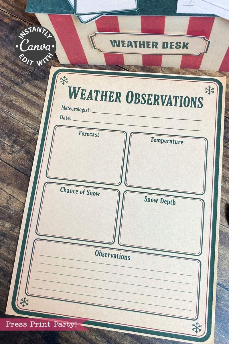 A blank weather observation sheet with sections for forecast, temperature, chance of snow, snow depth, and observations sits on a desk labeled “Weather Desk.” A set of 6 Pink Coquette Halloween Ghost Round Labels adds a whimsical touch to the setup.