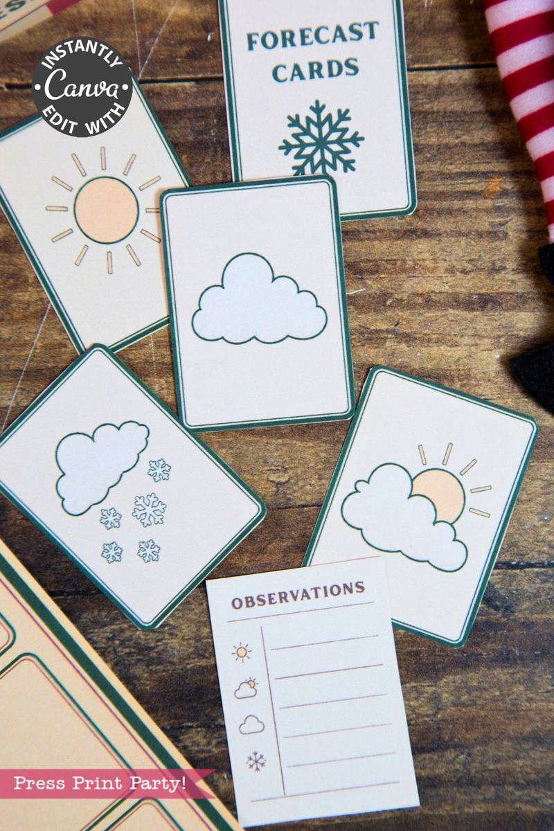 A set of weather-themed forecast cards showing sun, clouds, snow, and rain icons, along with an “Observations” sheet on a wooden surface—each featuring a simple cartoon style accented by 6 Pink Coquette Halloween Ghost Round Labels for a playful touch.