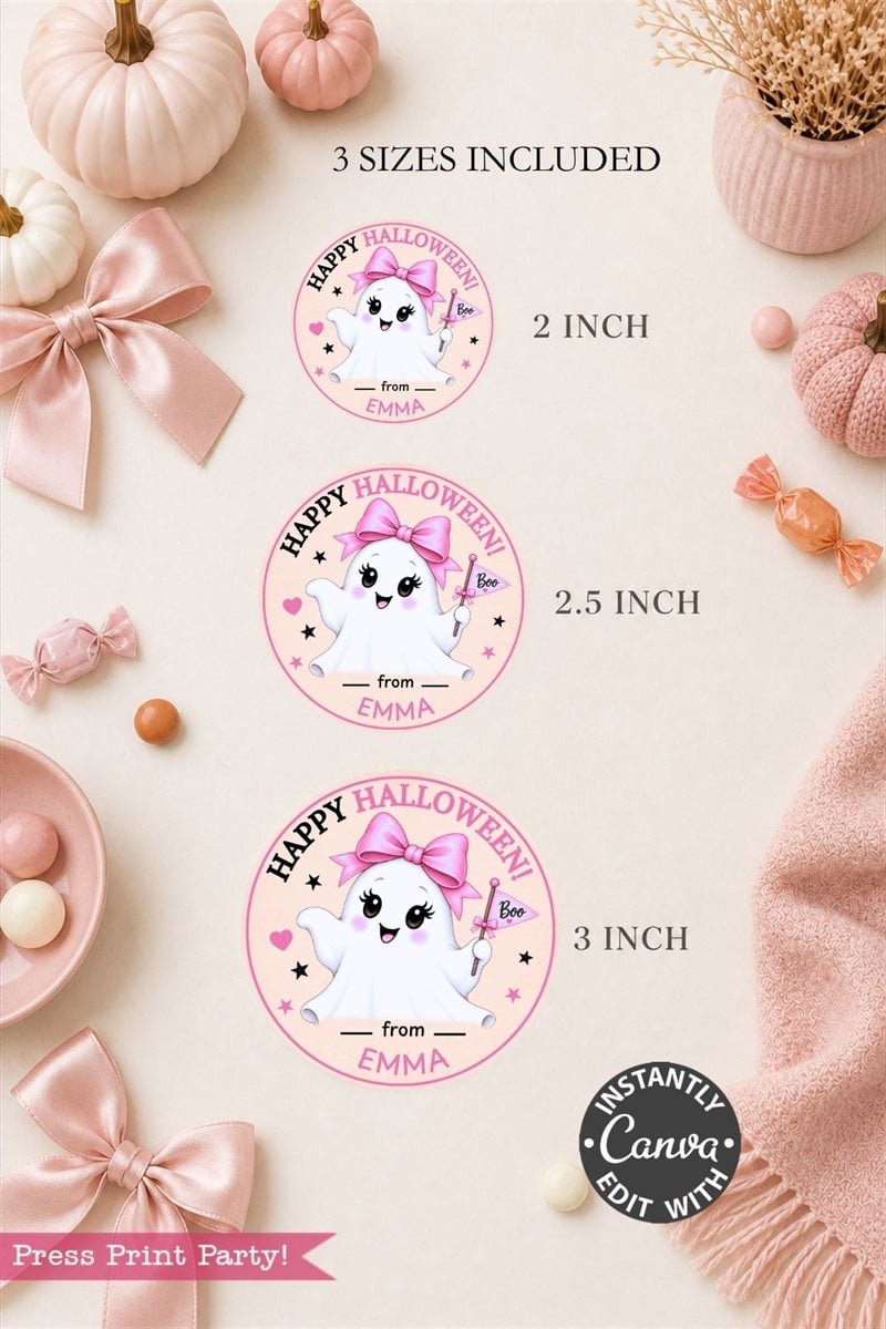 Six round “Pink Coquette Halloween Ghost” labels featuring cute ghost designs with pink bows, available in 2″, 2.5″, and 3″ sizes, displayed on a festive pink background adorned with pumpkins, bows, and dishware—perfect for adding a charming touch to your holiday celebrations.