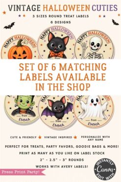 Six round Pink Coquette Ghost Treat Bag Halloween Stickers feature a vintage-style pink design with cute cartoon characters—including a black cat, bat, skeleton, vampire, Frankenstein, and ghost—with editable “From Emma” text and festive decorative elements.