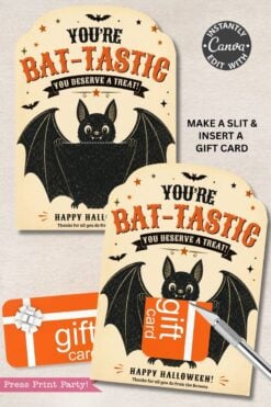 Presenting the 7 Vintage Halloween Gift Card Holders—two feature the cheerful message, “You’re Bat-Tastic, You Deserve a Treat!” alongside a smiling bat. Specially designed as Halloween gift card holders, one cleverly displays a gift card with an illustrated craft knife showing how to make a slit for easy insertion. The set includes instructions suggesting you edit with Canva and personalize each holder by adding your own gift card for a spooky surprise.