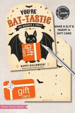 Celebrate Halloween with the 7 Vintage Halloween Gift Card Holders, featuring a festive card adorned with a bat illustration and “You’re Bat-Tastic” text, plus a convenient slot for inserting a gift card—ideal for creative Halloween gifting. An X-Acto knife is pictured to assist in making the slit, and the background is decorated with black bats, stars, and a gift card.