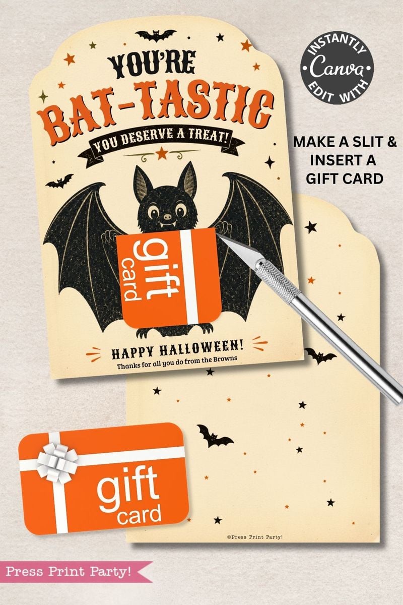 Celebrate Halloween with the 7 Vintage Halloween Gift Card Holders, featuring a festive card adorned with a bat illustration and “You’re Bat-Tastic” text, plus a convenient slot for inserting a gift card—ideal for creative Halloween gifting. An X-Acto knife is pictured to assist in making the slit, and the background is decorated with black bats, stars, and a gift card.