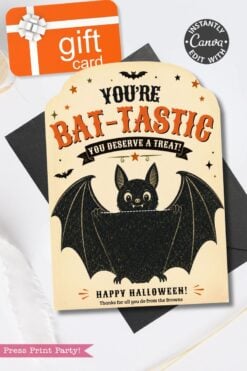 A card from the “7 Vintage Halloween Gift Card Holders” collection featuring a cartoon bat, stars, and the message: “You’re Bat-tastic, You Deserve a Treat! Happy Halloween! Thanks for all you do from the Browns.” This gift card holder includes space for a gift card and features an “Instantly Edit with Canva” badge—perfect for your Halloween gifting.
