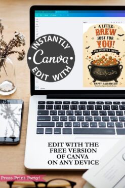 A laptop displaying Canva with a Halloween party invitation on screen, beside a potted plant and a smartphone. Text reads: “Instantly edit with Canva. Edit with the free version of Canva on any device.” Perfect for designing unique gift presentations with the 7 Vintage Halloween Gift Card Holders alongside your spooky invitations.