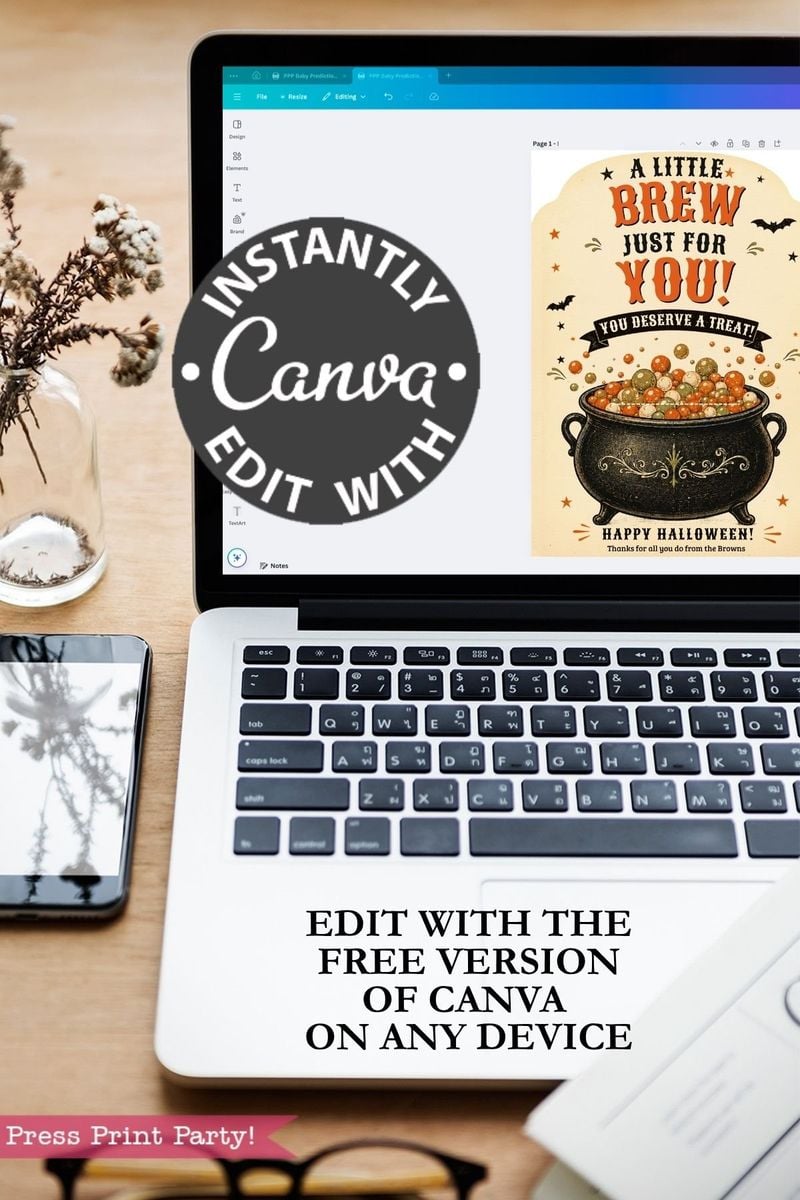 A laptop displaying Canva with a Halloween party invitation on screen, beside a potted plant and a smartphone. Text reads: “Instantly edit with Canva. Edit with the free version of Canva on any device.” Perfect for designing unique gift presentations with the 7 Vintage Halloween Gift Card Holders alongside your spooky invitations.
