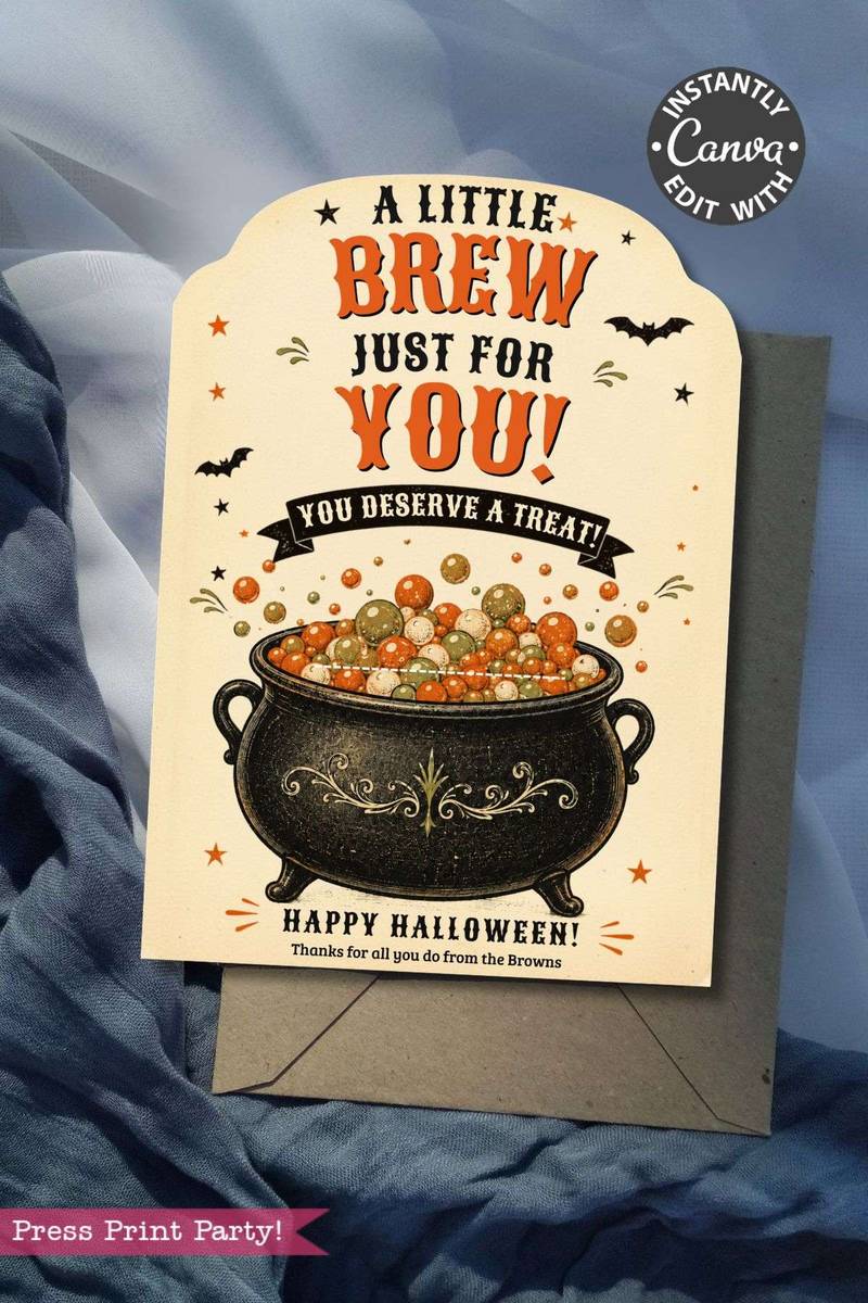 Showcase your Halloween spirit with the 7 Vintage Halloween Gift Card Holders—featuring a festive card adorned with a bubbling cauldron, bats, and the cheerful message “A little brew just for you! You deserve a treat! Happy Halloween!” Presented on a gray envelope and surrounded by blue and white fabric, these holders are the perfect way to present your seasonal gifts.
