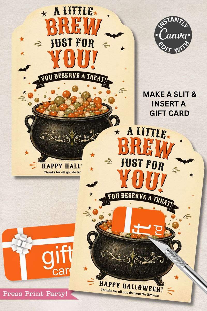 Celebrate the spooky season with the 7 Vintage Halloween Gift Card Holders! Featuring a black cauldron overflowing with colorful balls, playful bats, and charming text—“A little brew just for you! You deserve a treat! Happy Halloween!”—these festive holders are designed with a convenient slit in the cauldron to easily tuck in your special gift card surprise. Perfect for adding an extra touch of magic to your Halloween treats!.