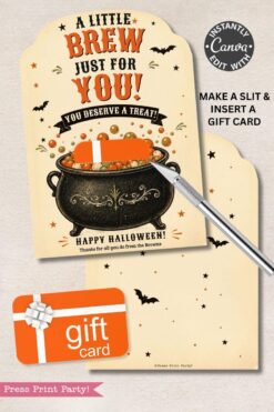 Introducing the 7 Vintage Halloween Gift Card Holders—each featuring the playful “A Little Brew Just For You!” message, a bubbling cauldron design, and a convenient slit to secure your gift card. These festive holders are decorated with charming bats and stars, and include easy-to-follow instructions for editing or customizing them in Canva.