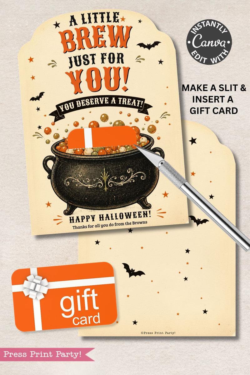 Introducing the 7 Vintage Halloween Gift Card Holders—each featuring the playful “A Little Brew Just For You!” message, a bubbling cauldron design, and a convenient slit to secure your gift card. These festive holders are decorated with charming bats and stars, and include easy-to-follow instructions for editing or customizing them in Canva.