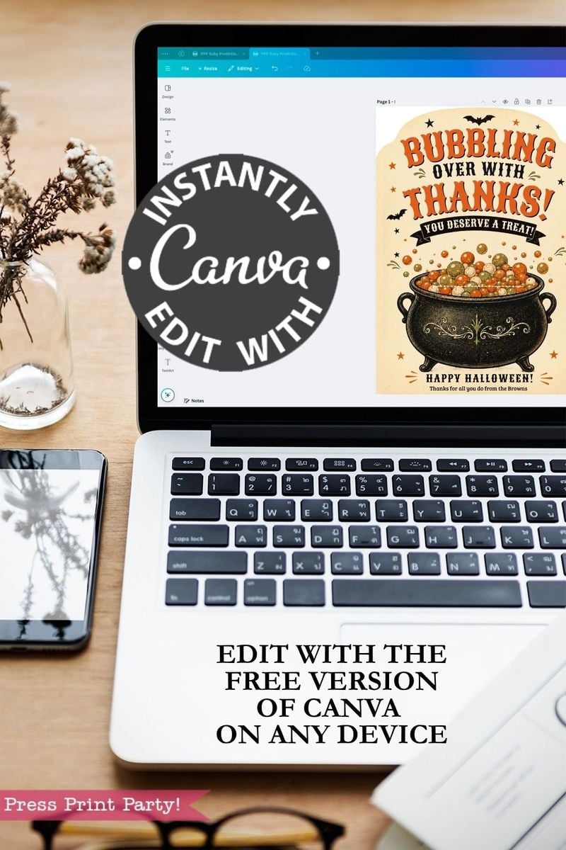 A laptop displays a Halloween-themed “Bubbling Over with Thanks!” card from the 7 Vintage Halloween Gift Card Holders collection on the screen, surrounded by a Canva logo, plant, glasses, and phone. Text promotes editing these vintage Halloween gift card holders for free with Canva on any device.