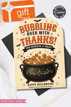 Give your Halloween gifts a festive touch with the 7 Vintage Halloween Gift Card Holders. Each card features a whimsical cauldron filled with colorful candies, bats, and stars, and is printed with the message: “Bubbling over with thanks! You deserve a treat! Happy Halloween!” Designed for gift-giving, every card includes a special spot in the top left corner to hold your surprise.