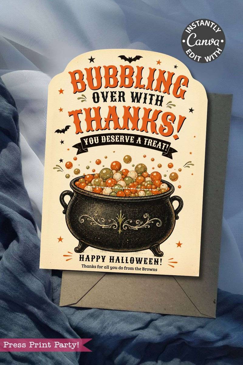 Send your gratitude in spooky style! Pair a 7 Vintage Halloween Gift Card Holder with a festive card that reads, “Bubbling Over With Thanks! You Deserve a Treat!” above a cauldron of colorful bubbles. It’s the perfect way to show your appreciation this Halloween season. The bottom of the card is signed, “Happy Halloween! Thanks for all you do from the Browns.”.