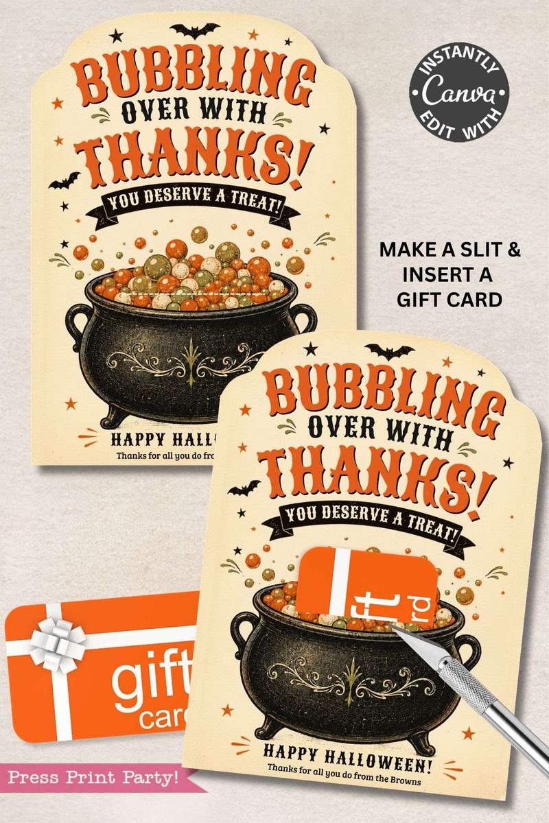 Introducing one of the 7 Vintage Halloween Gift Card Holders: this enchanting card transforms into a delightful Halloween gift card holder, showcasing a classic black cauldron overflowing with orange, white, and green candies. The bold greeting announces, “Bubbling Over With Thanks! You deserve a treat!” A convenient slot secures your gift card inside, while whimsical bats, stars, and sparkles complete the festive vintage-inspired design.