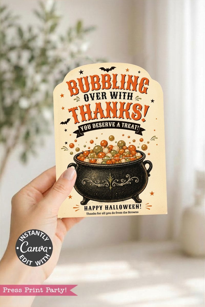 A hand holds one of the 7 Vintage Halloween Gift Card Holders featuring a bubbling cauldron, bats, and the words: “Bubbling over with thanks! You deserve a treat! Happy Halloween!” Accented with orange, green, and gold bubbles, this card is perfect for adding an extra-special touch to your Halloween gift card presentation.